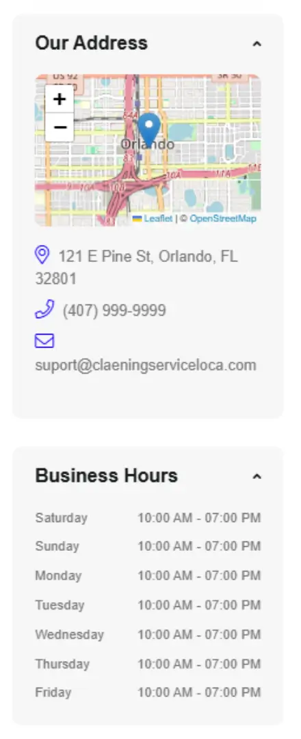 Cleaning business hours and address